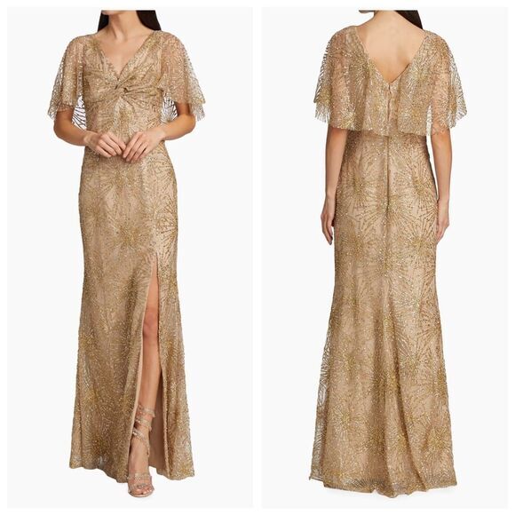 NWT Marchesa Notte Womens Embellished Short Sleeve Gown Gold Size 12 - Picture 1 of 14